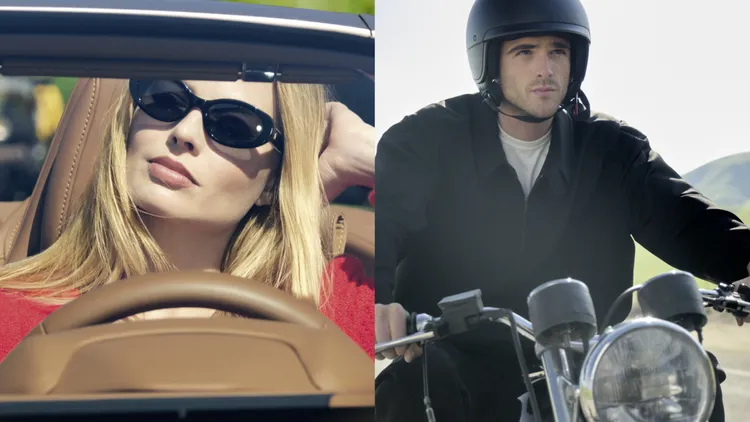 瑪格羅比（左圖）和Jacob Elordi（右圖）分別開了跑車和騎摩托車「雙向奔赴」。品牌提供