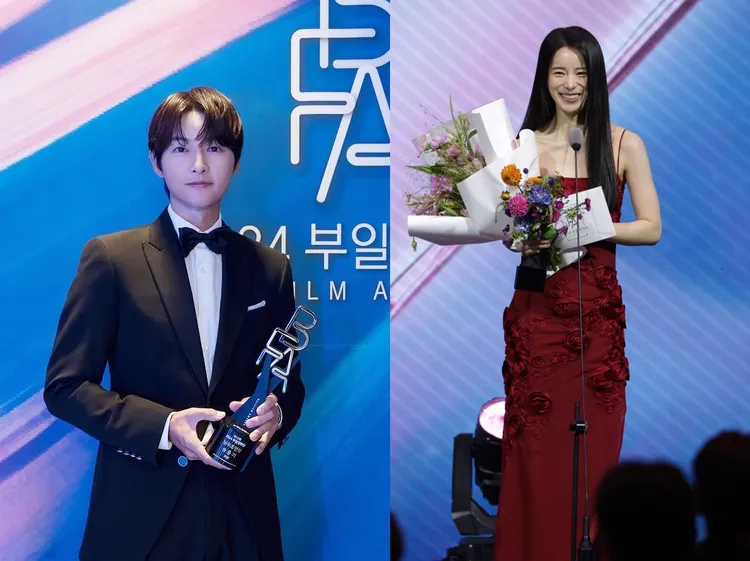 男配角頒給《禍亂：地下秩序》宋仲基（左圖），林知衍以《左輪手槍》奪女配。翻攝HighZium studio、釜日電影獎