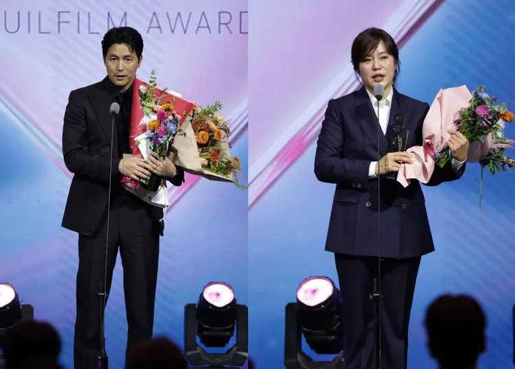 鄭雨盛（左圖）以《12.12：首爾之春》封帝，《私密背叛》金今順擒影后。翻攝釜日電影獎