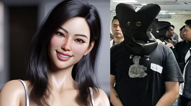 被騙的宅男以為跟網路美女交往（左圖，AI生成示意圖），其實是由詐騙集團成員假扮（右圖，翻攝香港警務部門）。