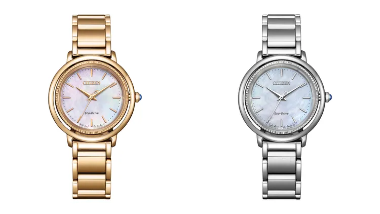 CITIZEN L光動能三針雙錶圈腕錶EM1103-86Y（左）1萬6900元、EM1100-84D（右）1萬5900元。品牌提供