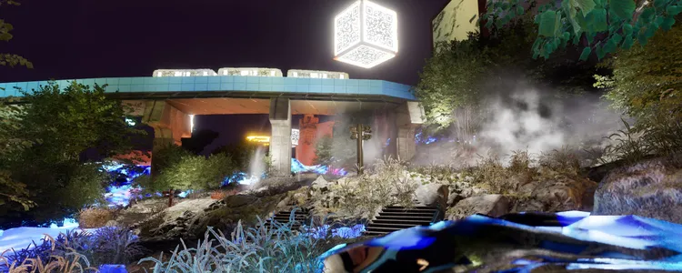 「貳進- Data Verse Taipei」結合台北街景與大安森公園的虛擬地景，觀眾透過掃描QR code與作品即時互動。北市文化局提供