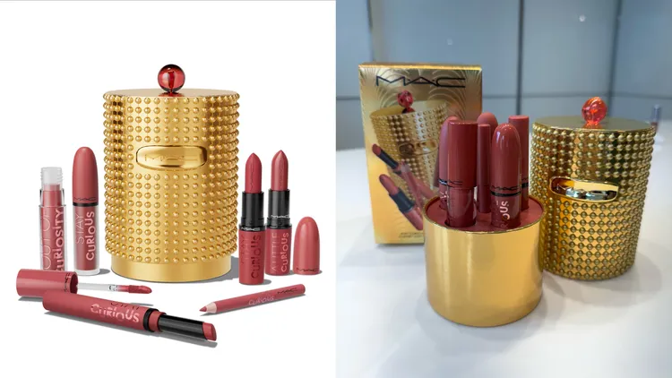 M.A.C金緻聖誕系列最愛Stay Curious唇彩組，3500元。左圖品牌提供、右圖張家玲攝
