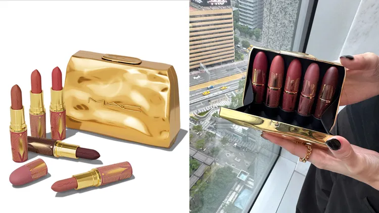 M.A.C金緻聖誕系列5色唇膏組，極自我柔霧唇膏#Velvet Teddy、#Forever Curious、#Mill It To The Max、#Warm Teddy、#Sin，3000元。左圖品牌提供、右圖張家玲攝
