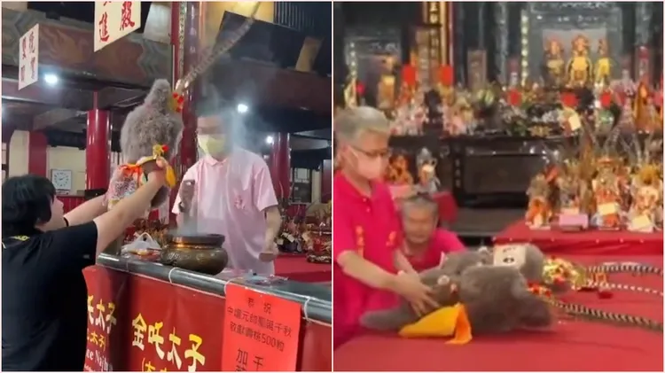 可以看到有兩隻公仔放上供桌給三太子。翻攝自社會事件新聞影片