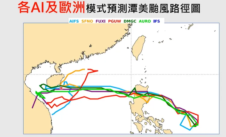 各AI及歐洲模式預測「潭美」颱風路徑。翻攝《Hsin Hsing Chia》YouTube