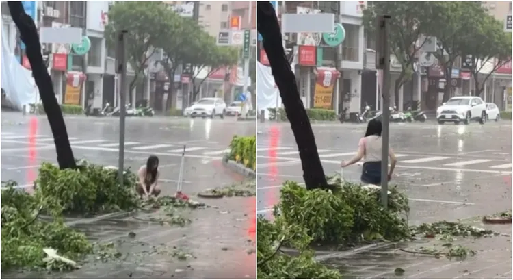 有網友直擊長髮女徒手清路邊水溝淤泥。翻攝yuan.cho Threads