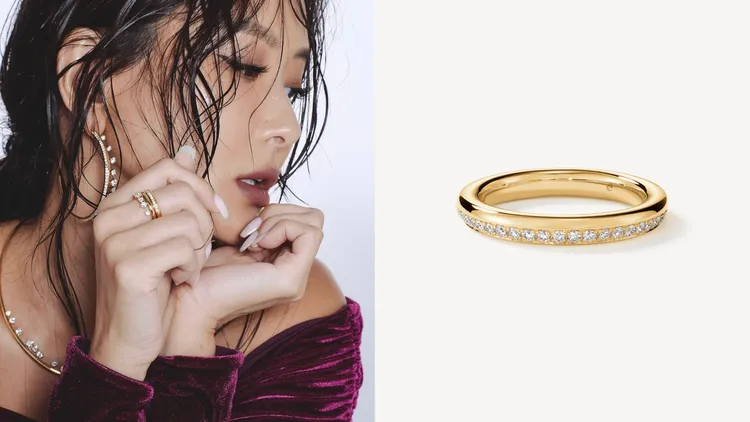 BARRE黃K金密鑲鑽石線戒，鑽石總重約0.15克拉，7萬元。左圖翻攝孫芸芸IG、右圖品牌提供