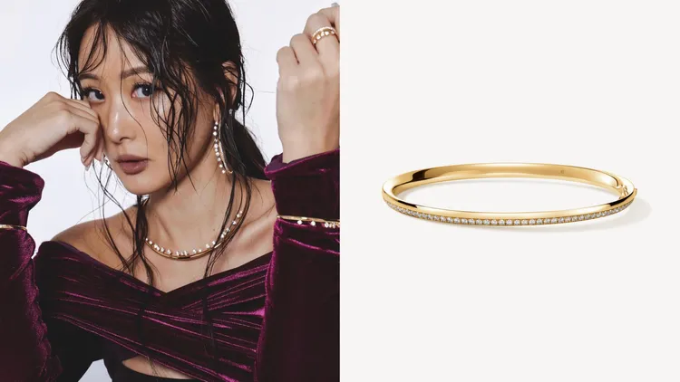 黃K金密鑲鑽石手鐲，鑽石總重約0.70克拉，24萬9000元 。左圖翻攝孫芸芸IG、右圖品牌提供