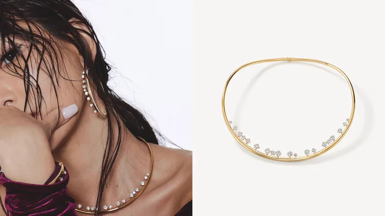 BARRE Floating黃K金鑽石鎖骨鍊，鑽石總重約4.85克拉，162萬2000元起。左圖翻攝孫芸芸IG、右圖品牌提供