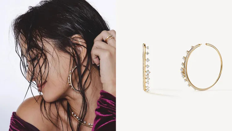 BARRE Floating黃K金鑽石耳環，鑽石總重約6.50克拉，109萬元起。左圖翻攝孫芸芸IG、右圖品牌提供
