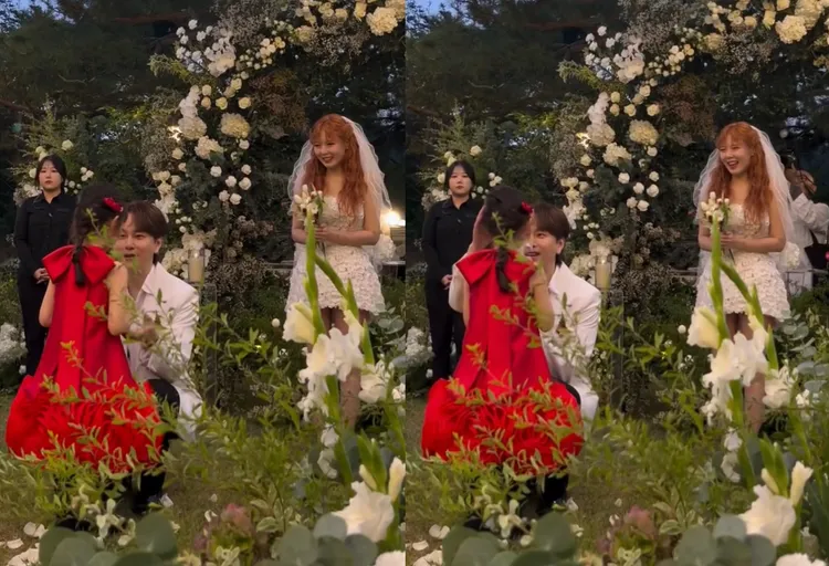 龍俊亨父愛滿溢感謝小花童，後方的泫雅寵溺看著他們。翻攝IG