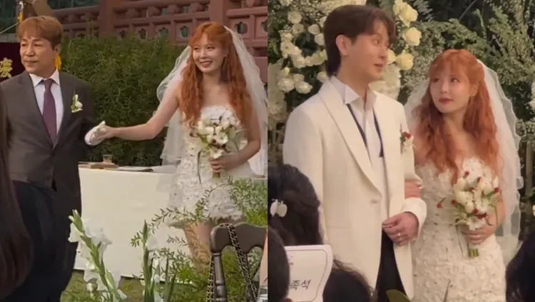 泫雅（左圖右）選擇迷你裙白紗，被父親牽著進場，龍俊亨（右圖左）穿著白色西裝。翻攝IG