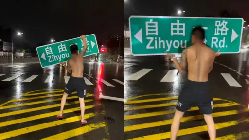 扛起「自由一路」路牌的半裸男 遭警開罰原因曝光