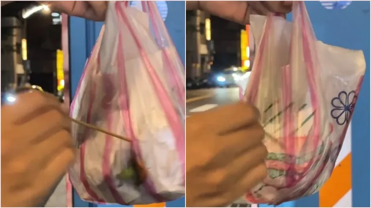 買炸物外帶時在塑膠袋戳洞，網友認為這樣回家比較不會皮軟掉。翻攝自threads