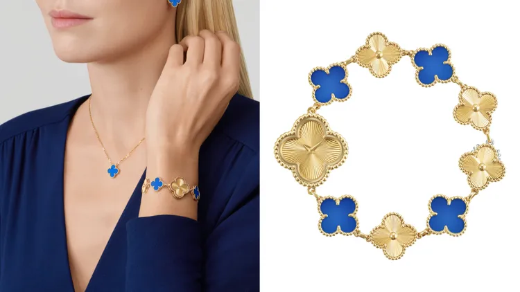 梵克雅寶Sweet Alhambra腕錶，22.7*22.7mm，18K黃金錶殼，璣鏤雕花18K黃金錶盤，18K黃金錶鍊搭配藍瑪瑙，瑞士石英機芯，63萬5000元。品牌提供