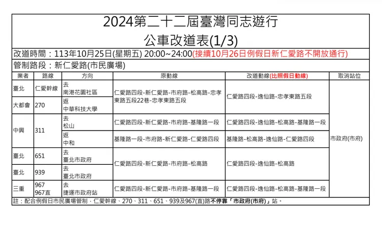 公車改道表。北市公共運輸處提供