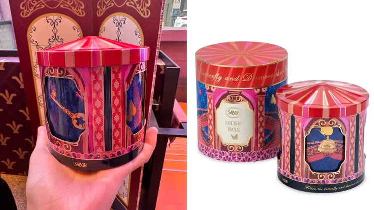12月起於SABON專櫃單筆消費滿1萬元就會加贈旋轉音樂盒。左圖張家玲攝、右圖品牌提供