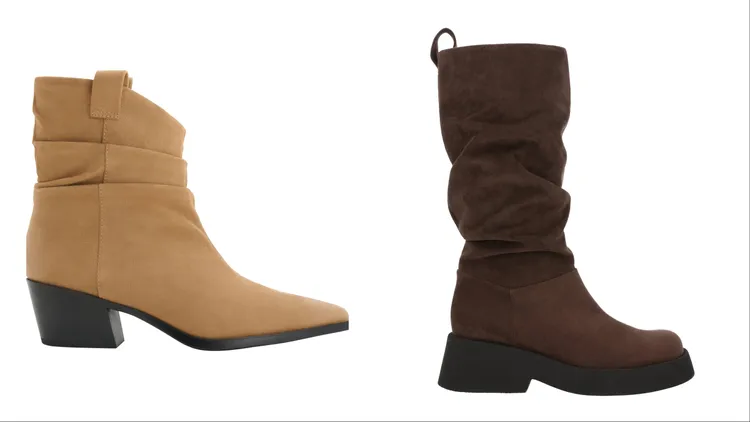 抓皺尖頭短靴（左）2790元、褶皺高筒即膝靴（右）2990元。品牌提供