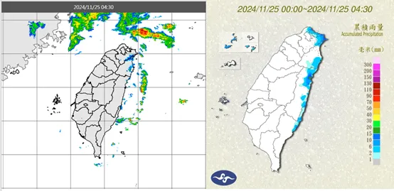 今(25日)晨4：30雷達回波合成圖(左圖)顯示，迎風面的回波逐漸消散。4：30累積雨量圖(右圖)顯示，北海岸、東半部有局部雨。氣象應用推廣基金會