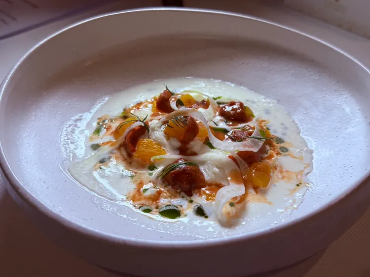 「布拉塔乳酪」搭配柑橘果凍，鋪上海膽並以蒔蘿油提味，奢華中帶有清新風味。陳揚盛攝