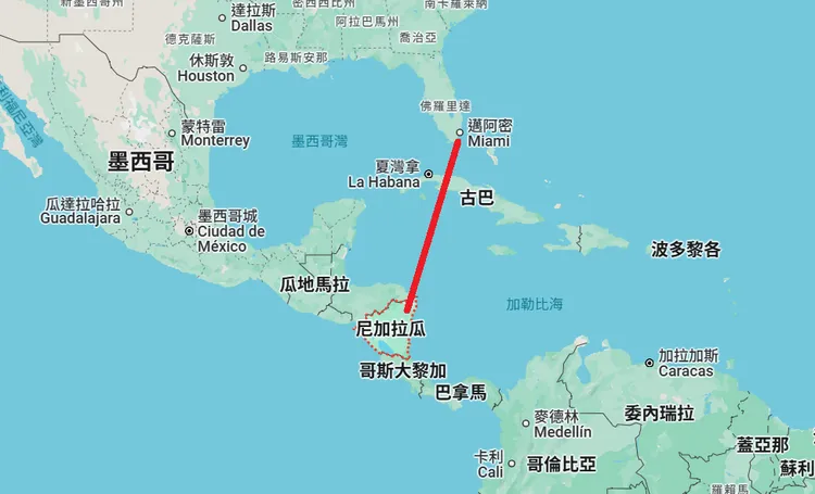 尼加拉瓜位於加勒比海周邊，距離美國佛羅里達州邁阿密僅約1000英里。翻攝Google地圖