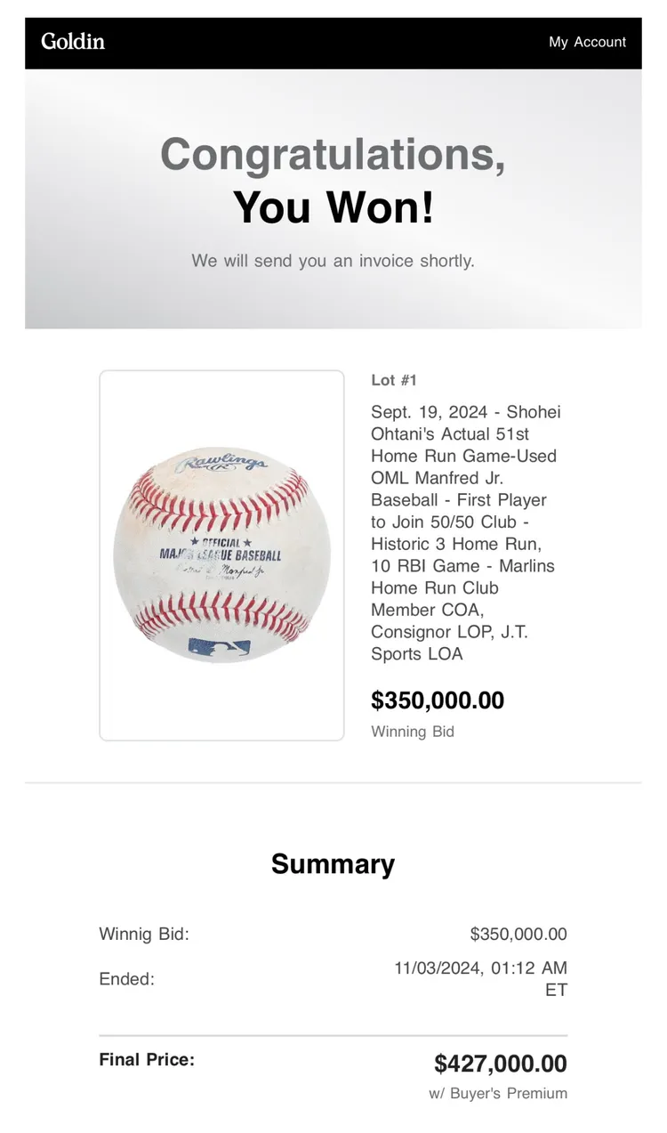 田中公開大谷51轟紀念球的結標畫面。翻攝自田中裕輔X