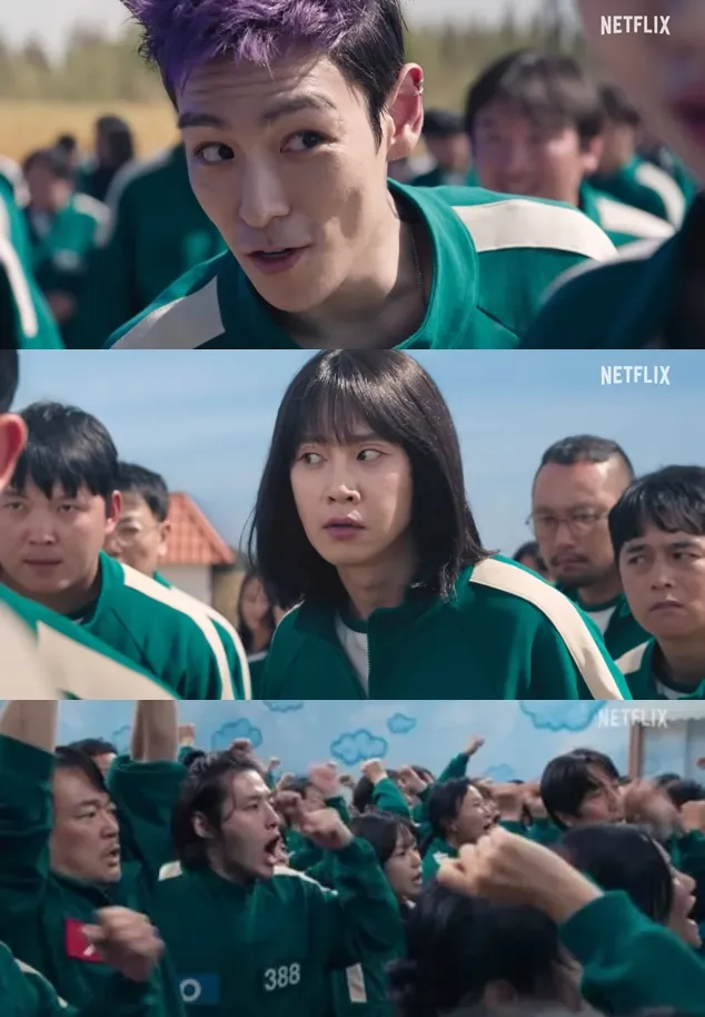 新加入的T.O.P（上圖起）染紫色頭髮，朴成焄頂妹妹頭現身，姜河那振臂吶喊。Netflix提供