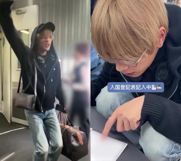 高橋恭平前天抵台後踏出機艙小跳步，對著空姐說中文「謝謝」，認真填寫入境表。翻攝浪花男子IG