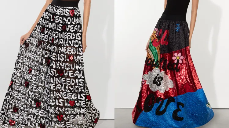 alice + olivia X披頭四Levon中長裙（左）4萬1900元、Tina刺繡亮片舞會長裙（右）7萬6900元。品牌提供