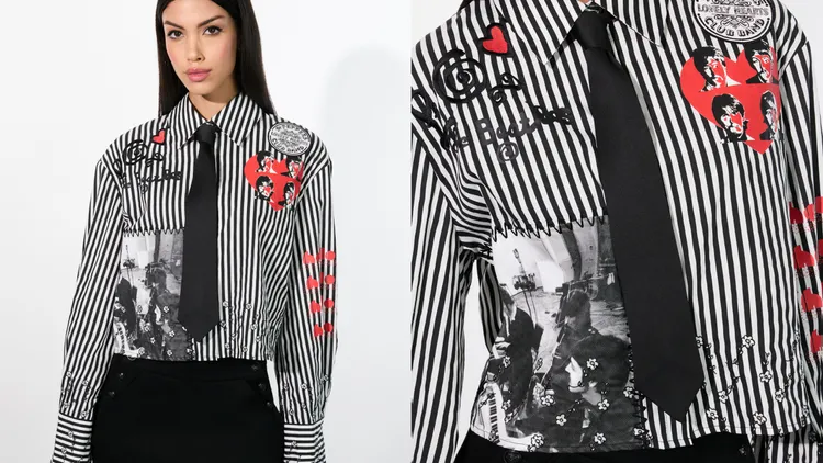 alice + olivia X披頭四PAM拼接塗鴉短版襯衫，1萬8900元。品牌提供