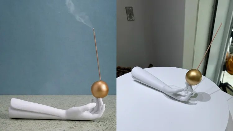 L’Objet白瓷24K金系列阿特拉斯線香插，1萬1500元。左圖品牌提供、右圖張家玲攝