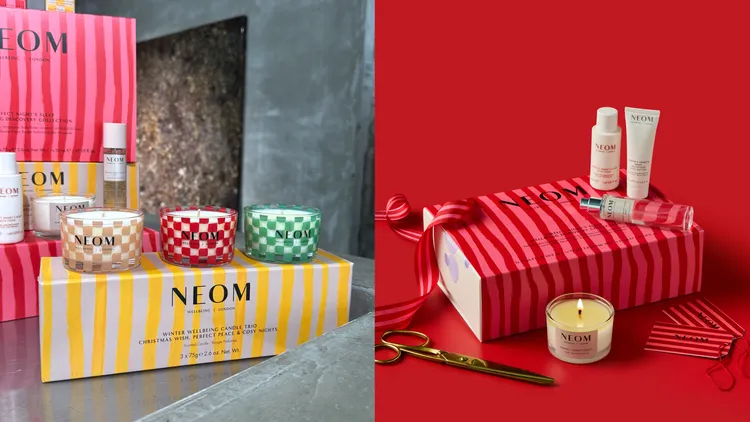 NEOM聖誕限定蠟燭組（左圖）75g／2400元、舒適恬睡聖誕旅行組（右圖）2400元。左圖張家玲攝、右圖品牌提供