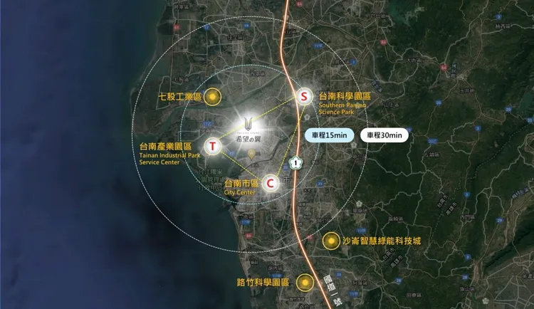 「希望の翼」在南科、台南產業園區與台南市區三角形區塊間。泰嘉開發提供