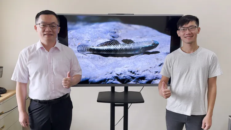 中山大學海洋科學系博士生莊維誠（右）與廖德裕院長（左）共同發表新物種青蜂枝牙鰕。中山大學提供
