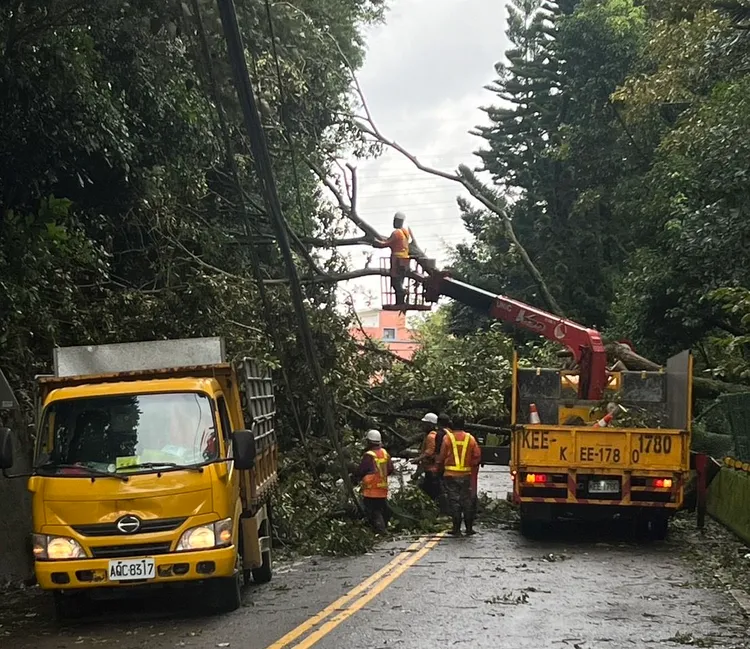 龜山區昨傍晚發生電線桿及路樹因風大雨大不堪負荷傾倒。龜山警分局提供