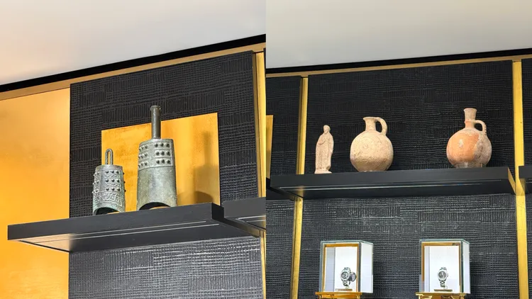 中國東周時期的青銅編鐘（左圖）、西元7至8世紀間的希臘賽普勒斯陶罐（右圖）。張家玲攝