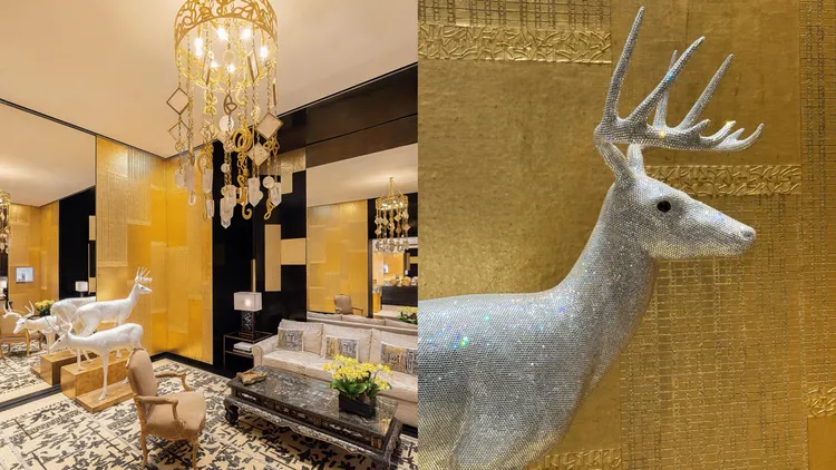 美國藝術家Mark Swanson創作之水晶鹿雕塑品。左圖品牌提供、右圖張家玲攝