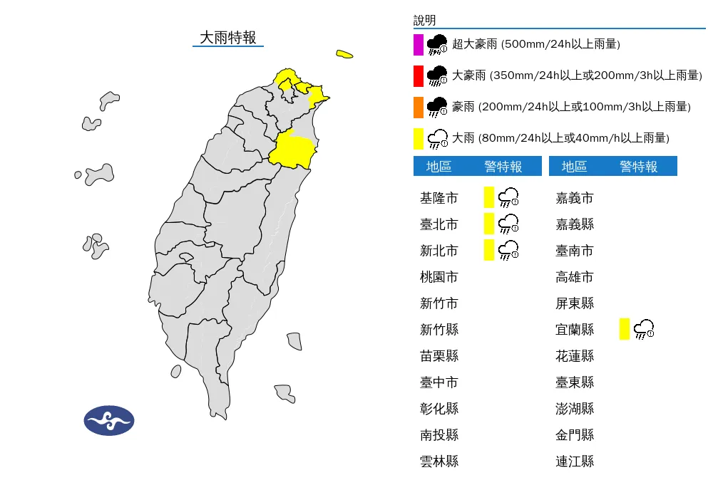 氣象署今（22）日清晨針對4縣市發布大雨特報。中央氣象署