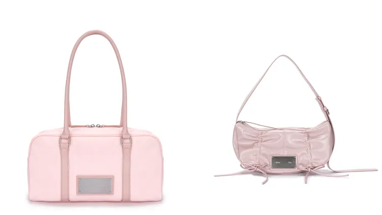 MATIN KIM淺粉運動托特包（左）4090、粉色皺褶絲帶（右）3990元。品牌提供