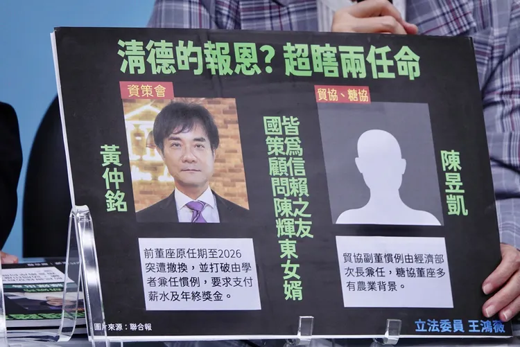 王鴻薇揭露，現任資策會董事長黃仲銘，和現任貿協董事長陳昱凱，這兩位都是近期過世的國策顧問陳輝東的女婿。記者莊宗達攝