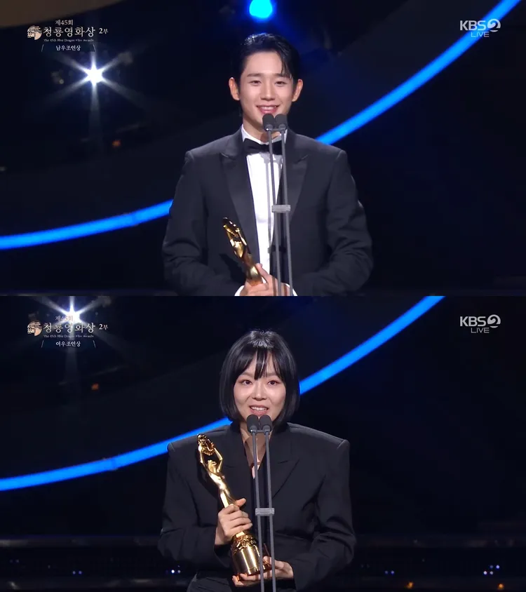 丁海寅（上圖）以《辣手警探2》獲得男配，李尚熙憑《路基完》奪女配。翻攝KBS