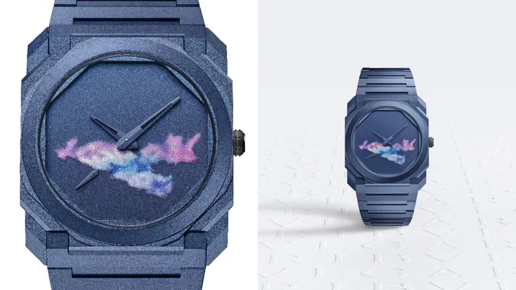 寶格麗Octo Finissimo Laurent Grasso Edition限量版腕錶，40mm，鈦金屬噴砂錶殼，PVD藍色塗層錶盤，鈦金屬錶帶，寶格麗自製自動上鍊機芯BVL138，動力儲存10小時，防水深度米，全球限量200只，價格店洽。品牌提供