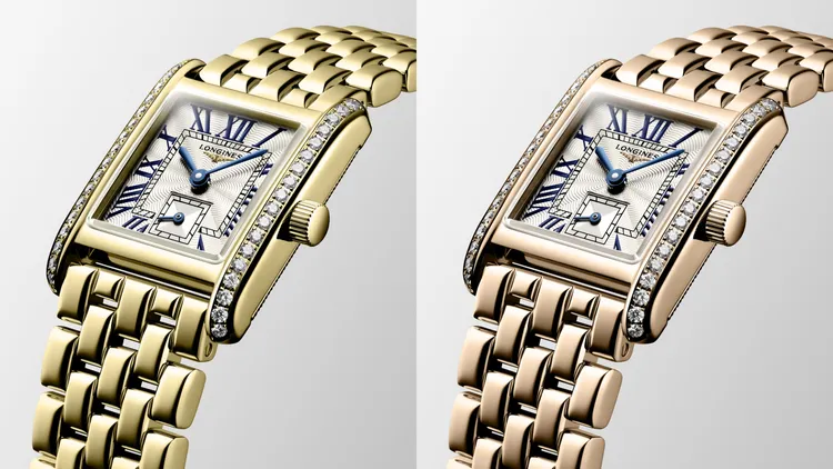 浪琴迷你多情系列鑲鑽腕錶，21.5*29mm，18K黃金/18K玫瑰金錶殼，銀色錶盤，18K黃金/18K玫瑰金錶帶，L178石英機芯，防水深度30米，價格店洽。品牌提供