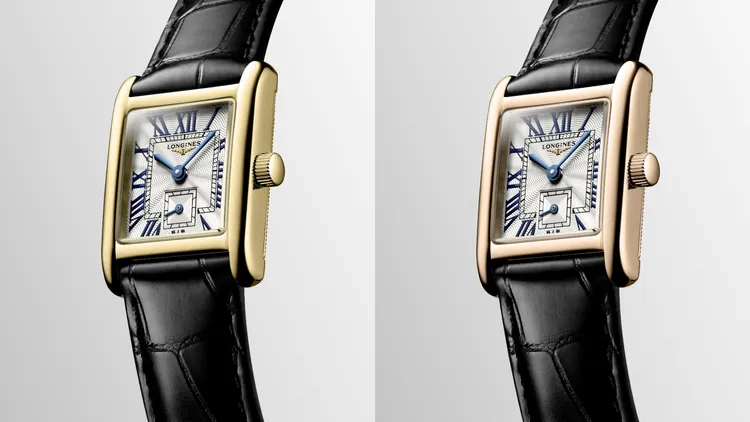 浪琴迷你多情系列鑲鑽腕錶，21.5*29mm，18K黃金/18K玫瑰金錶殼，銀色錶盤，黑色鱷魚皮革錶帶，L178石英機芯，防水深度30米，價格店洽。品牌提供