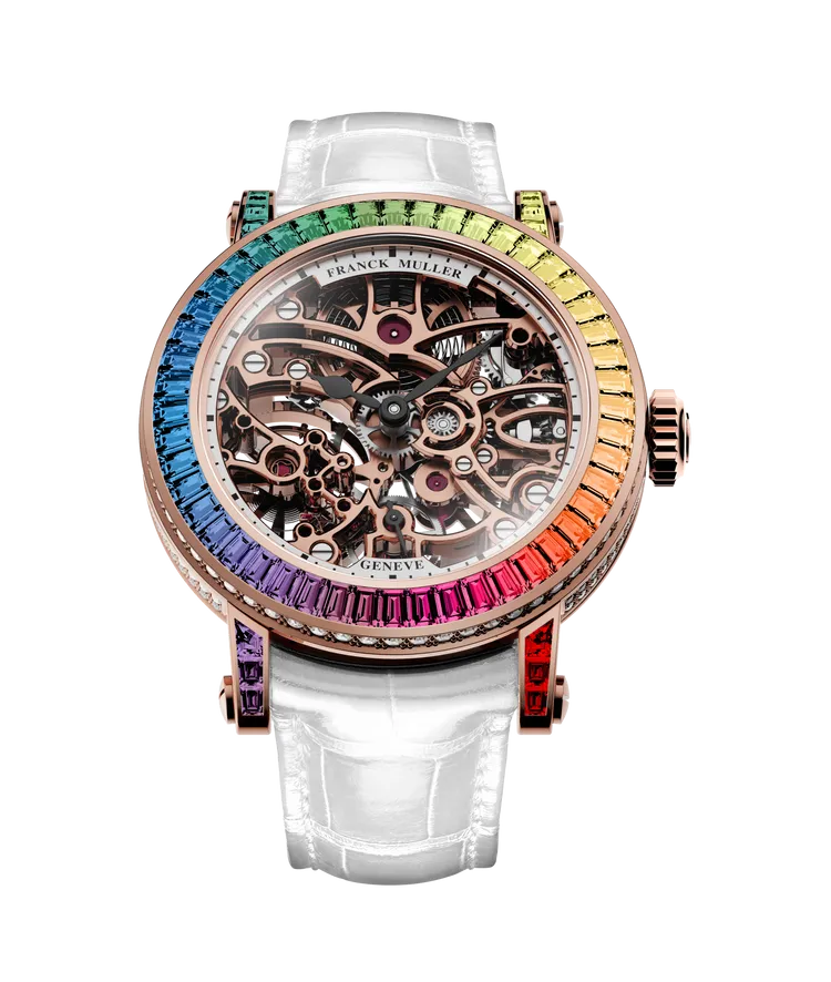 FRANCK MULLER Round Skeleton Baguette腕錶，31mm，18K玫瑰金錶殼，鏤空錶盤，手工縫製鱷魚皮錶帶，MVT FM 1540-RS手動上鍊機芯，動力儲存4日，防水深度30米，326萬8000元。品牌提供