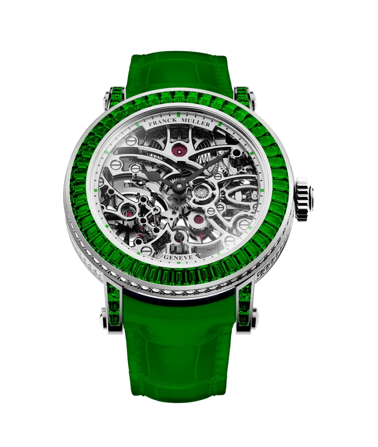 FRANCK MULLER Round Skeleton Baguette腕錶，31mm，18K玫瑰金/白金錶殼，鏤空錶盤，手工縫製鱷魚皮錶帶，MVT FM 1540-RS手動上鍊機芯，動力儲存4日，防水深度30米，祖母綠錶款407萬2000元。品牌提供
