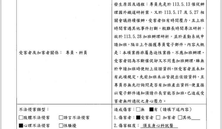 針對林姓專員不合理要求，科員已提出不法侵害通報，近日台鐵正在處理中。民眾提供