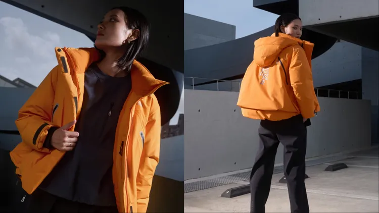 女士防水羽绒服以亮眼橘色帶來暖陽視覺。品牌提供