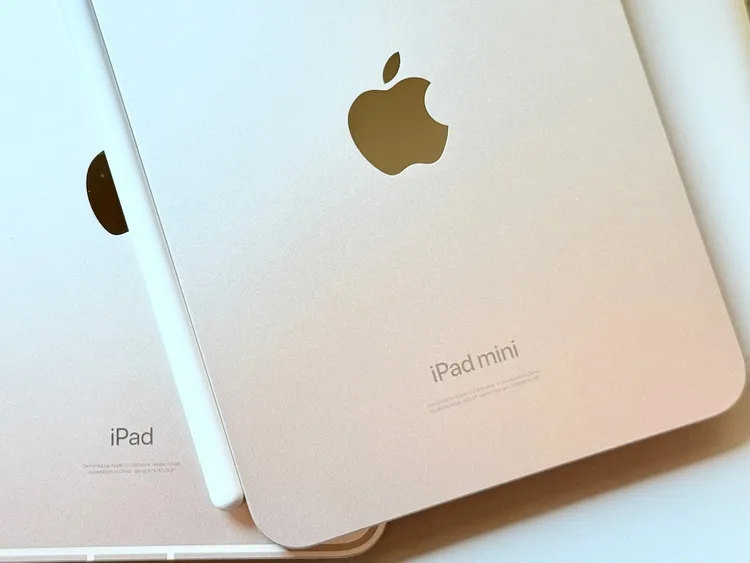 iPad mini 7（圖右）與前代相比，背面logo多了 mini 字樣。趙筱文攝影
